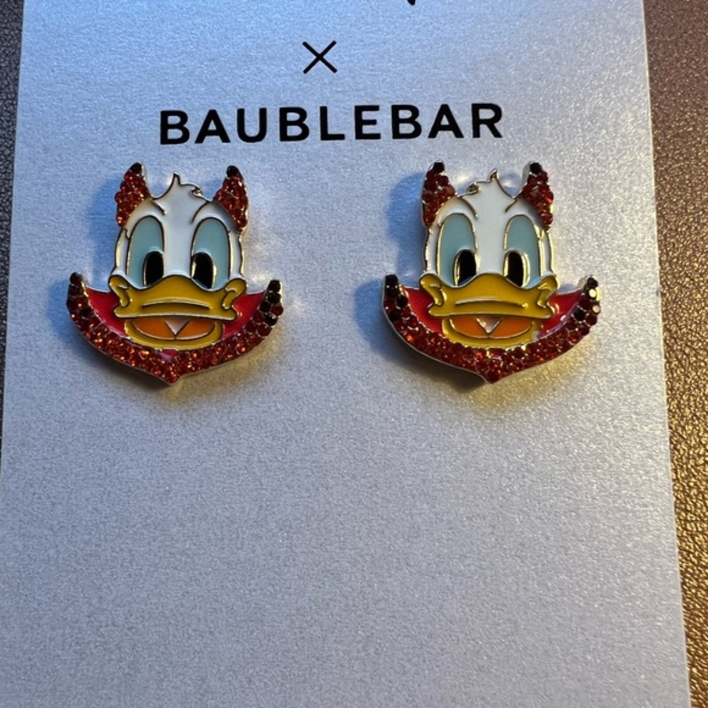 Disney x BaubleBar Devil Donald Duck Pave Earrings with Red and Yellow